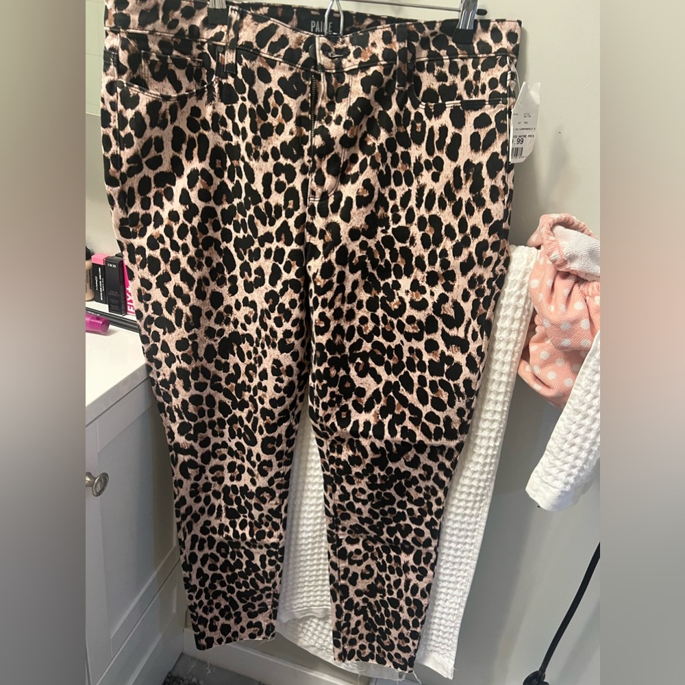 PAIGE Leopard Print Skinny Pants in Beige and Black